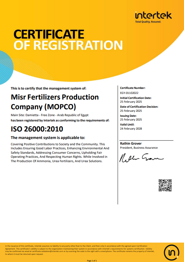 Misr Fertilizers Production Company (MOPCO) Receives International Accreditation in Social Responsibility